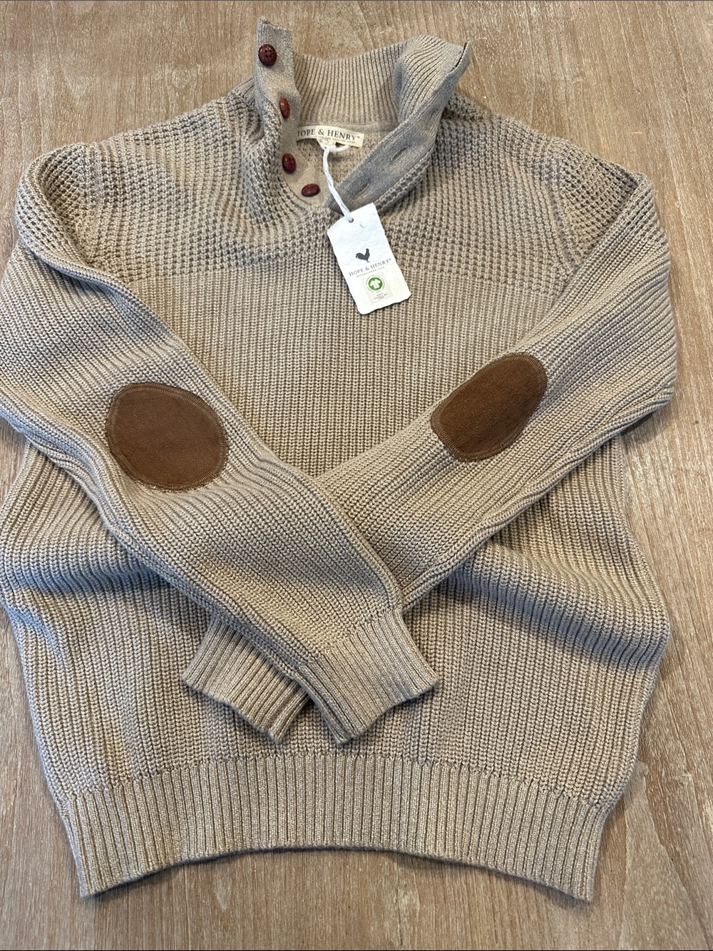 Hope & Henry Beige Button-Neck Knit Sweater with Brown Elbow Patches